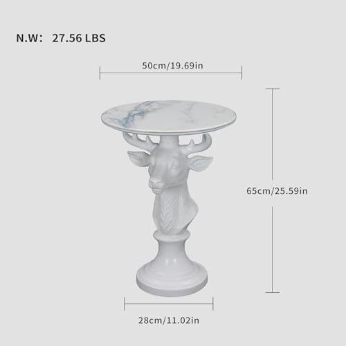 Modern Accent TableLiving Room White Deer Statue Contemporary‌ Faux Marble Night Stand Side Table with White Deer Base Reception Area & Bedroom（Width 19.69" ——Tall 25.59"） - style: White Deer Statue Table