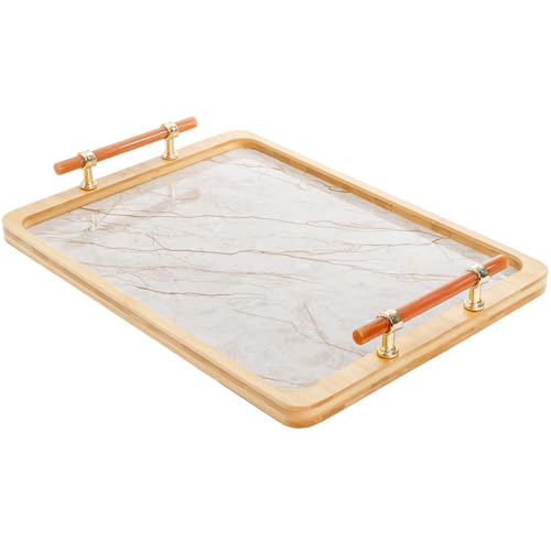 DEAYOU Bamboo Serving Tray with Handles, Marble Pattern Plastic Decorative Ottoman Tray, Large Serving Platter for Coffee Table, Breakfast, Dinner, Perfume, Kitchen Counter, Rectangle, 15.5"x11.5"