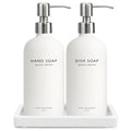 Vine Creations Glass Soap Dispenser Set, Kitchen Soap Dispenser Set with Ceramic Tray, 16 oz Dish Soap and Hand Soap Dispensers with Stainless Steel Pump Decor (White Bottle/Silver) - color: White Bottle / Silver Pump