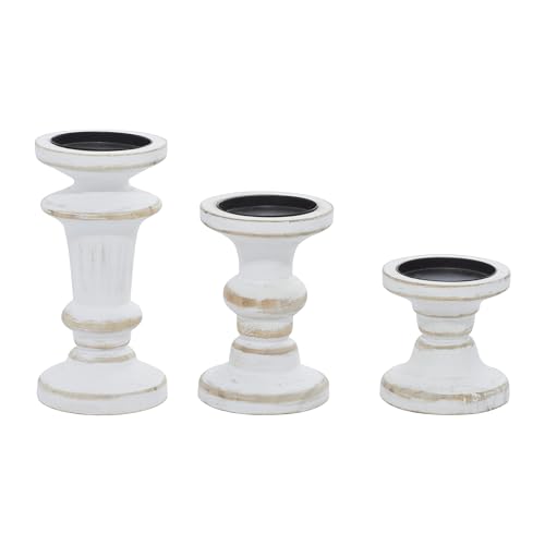 Deco 79 Wood Decorative Candle Holder Candle Stand, Set of 3 Candlestick Holder 8", 6", 4"H, White - color: Beige