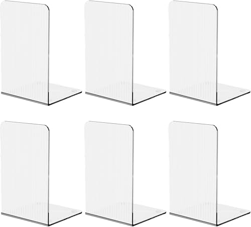 Book Ends for Shelves 6 Pcs Acrylic Bookends Clear Unique Rippled Pattern Book Holder Stand for Heavy Books Home Office School Organizer and Desktop Decorative