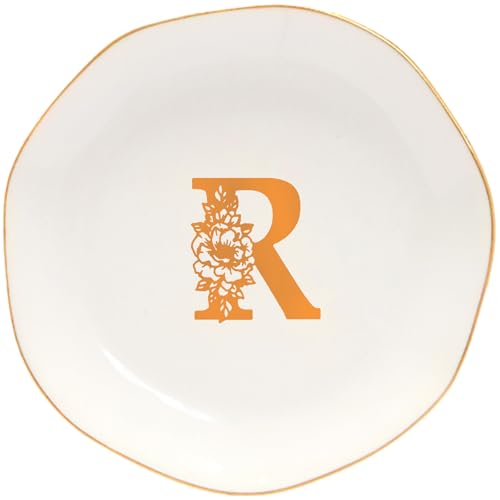 Ceramic Jewelry Tray Initial Ring Dish Personalized R-Monogrammed Engagement Wedding Gifts,Decorative Jewelry Holder for Friends,Sister,Birthday Mother's Day Christmas for Women,Ceramic White - style: R