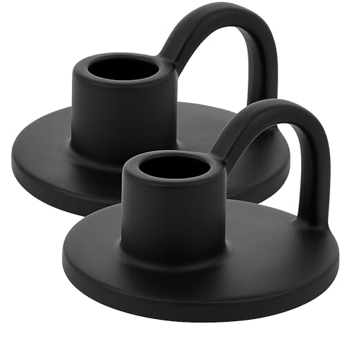 Ceramic Taper Candle Holders with Handle (Set of 2) – Tall Candlestick Holders for Table Decor Centerpieces, Rustic Home Décor, and Dinner Table Styling Matte Black - color: Matte Black