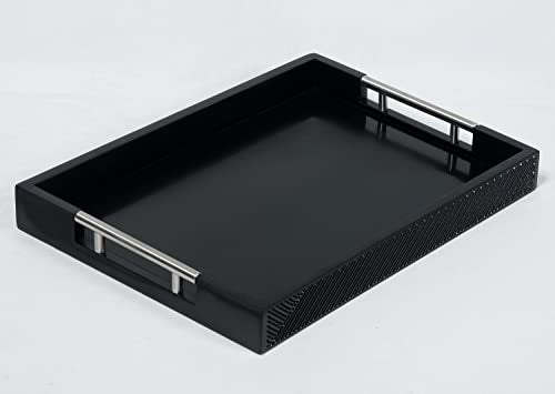 Serving Tray with Polished Metal Handles, 16.5''x12'' Rectangle Coffee Table Tray, Modern Decorative Tray, Large Ottoman Tray, Perfect for Storage and Display (Black) - color: Black