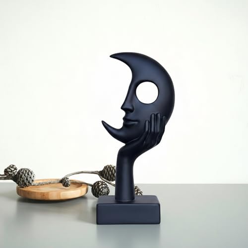 Thinker Statue, Abstract Moon face Black Sculpture, Modern Home Decor Ornament, Suitable for Office, TV Cabinet, Desk, Study, Fireplace Mantel, Resin Statue - color: Black, size: Large