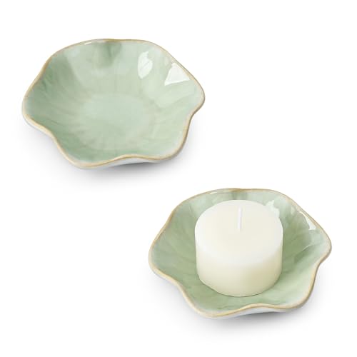 Koythin 2-Piece Ceramic Candle Holder, Aesthetics Candlestick Holders for Tea Lights, Lotus Leaf Shape Candle Stand for Mantle Table, Adorable Vintage Decor for Weddings Dining (Light Green) - color: Light Green