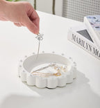 Aotea Crafts - Beaded Scalloped Jewelry Dish Tray Plate - Modern Aesthetic Ring Dish - Concrete Handcrafted Trinket Tray - Smooth Texture - Ivory White - 6.3 inch