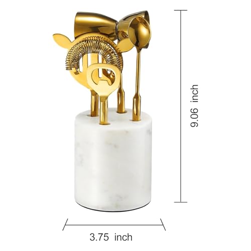 5-Piece Gold & Marble Bartender Kit with Stand, Stainless Steel Bar Tool Set, Includes Jigger, Strainer, Spoon, Bottle Opener Luxury Home Bar Cart Accessories, Luxury Cocktail Decor & Mixer Gift Set - color: Gold