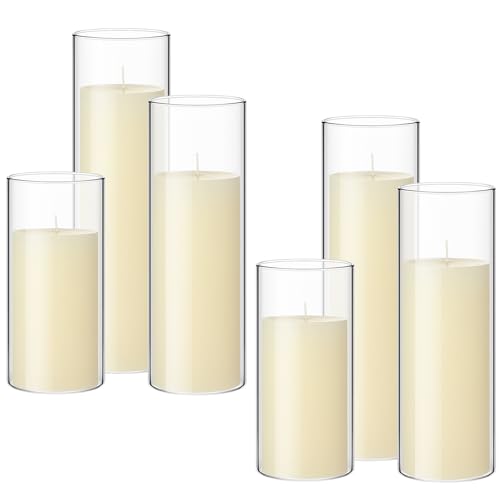 Shihanee Set of 6 Pillar Candles with Glass Cylinder Vases Clear Cylinder Hurricane Candleholders for Slim Tall Pillar Candles Wedding Table Centerpieces(3.4'' X 7", 9.8", 11.8",Ivory) - color: Ivory White, size: 3.4'' X 7", 9.8", 11.8"