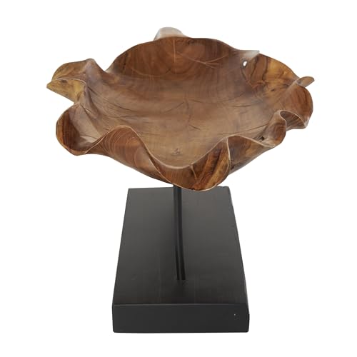 Deco 79 Teak Wood Leaf Decorative Sculpture Floating Home Decor Statue with Black Stand and Base, Accent Figurine 21" x 11" x 10", Brown