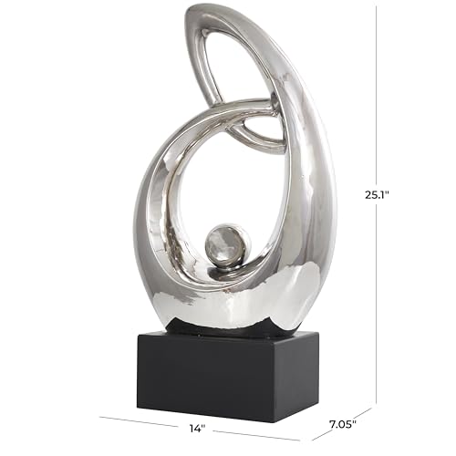 Deco 79 Ceramic Abstract Decorative Sculpture Looped Home Decor Statue with Black Block Base, Accent Figurine 14" x 7" x 25", Silver - size: 14" x 7" x 25"