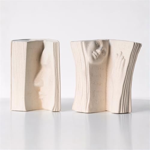 Ceramic Vase Bookends - Unique Decorative Bookend Flower Vases - Set of Two at 6.5in (16.5cm) Height - Cream White Matte Finish Modern Design - Aesthetic Home Office Library Decor