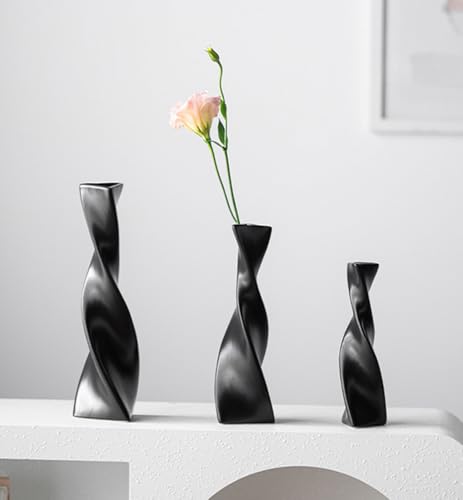 7.28 Inch Black Small Ceramic Bud Vase Tall Twisted Minimalist Vase for Single Stem Flowers Narrow Neck Decorative Floral Bottle Home Office Table Decor