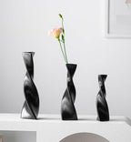 7.28 Inch Black Small Ceramic Bud Vase Tall Twisted Minimalist Vase for Single Stem Flowers Narrow Neck Decorative Floral Bottle Home Office Table Decor