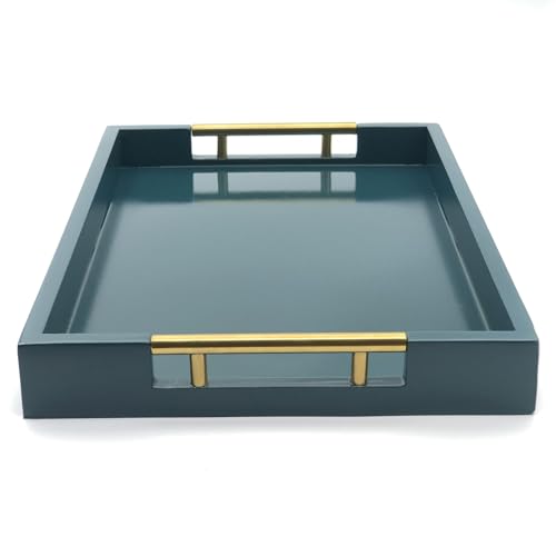Serving Tray with Polished Metal Handles, 16.5''x12'' Rectangle Coffee Table Tray, Modern Decorative Tray, Large Ottoman Tray, Perfect for Storage and Display (Teal) - color: Teal