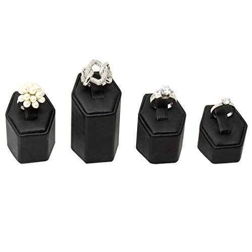 MOOCA Jewelry Ring Stand Holder Display Set, Ring Holders for Jewelry Organizer Stand Pedestals Display 4 Pcs Set, Black Faux Leather - color: Black Faux Leather
