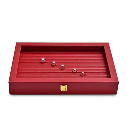 Oirlv Luxury Leather Rings Earrings Organizer Tray with Clear Lid Jewelry Display Box with Acrylic Lid Stackable Jewelry Box Drawer Inserts - color: Red, size: 10 Slot