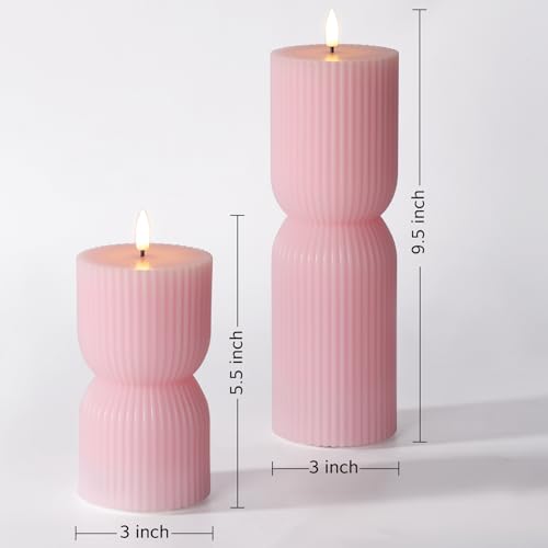 Pink Ribbed Flameless Pillar Candles with Remote, Flickering LED Candles Battery Operated Real Wax Set of 2 - color: Pink