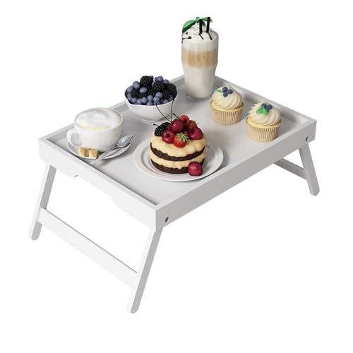 Youpehom Bed Tray Table with Folding Legs,Bamboo Breakfast in Bed for TV Table,Tray,Eating,Snack Tray,Laptop Computer (White, Medium) - color: White, size: Medium