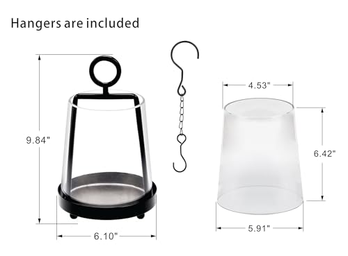 6" Wide Modern Farmhouse Metal Hurricane Candle Holder with Handmade Sturdy Glass Sleeve in Black for Pillar Candle & Plants, Glass Hurricane Lantern, Industrial, Minimalistic - color: Black, size: 6"x10"