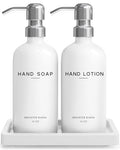 White Glass Soap and Lotion Dispenser Set by Brighter Barns - Bathroom Soap Dispenser Set Tray - Liquid Hand Soap Dispenser Pump - Modern Bathroom Accessories for Guest, Hotel, Spa, Restaurant (White) - color: Silver Sl