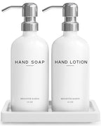 White Glass Soap and Lotion Dispenser Set by Brighter Barns - Bathroom Soap Dispenser Set Tray - Liquid Hand Soap Dispenser Pump - Modern Bathroom Accessories for Guest, Hotel, Spa, Restaurant (White) - color: Silver Sl