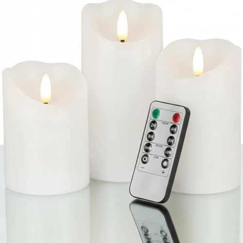 VENTA Set of 3 White Pillar Candles | Real Wax Battery Operated Flickering LED Candles with Remote | Timeless Decor for Farmhouse, Modern & Mantel Displays - color: White