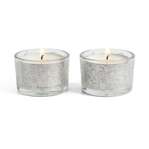 SURI Jerusalem Design Glass Shabbat Tea Light Candle Holder Set of 2 – Modern Judaica Home Décor - color: Silver (Jerusalem), size: Short