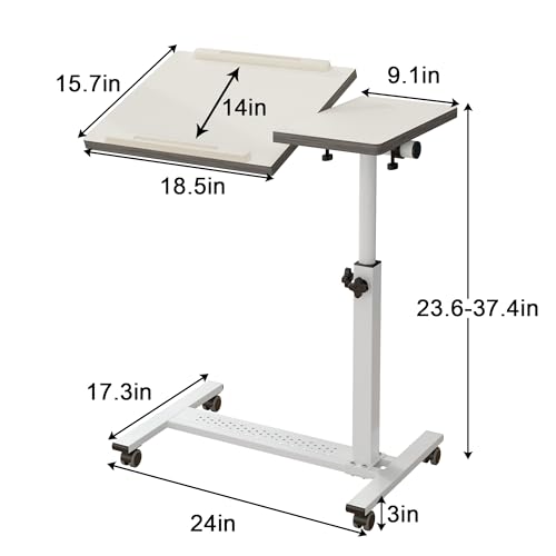 TigerDad Over Bed Table with Wheels Adjustable | Rolling Laptop Table Overbed Desk Hospital Tray Table Sofa Chair Side Table for Home Office (White) - color: White