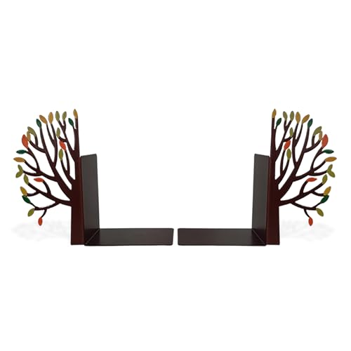 Tree Bookends with Autumn Leaves - Steel with Matte Black Epoxy Coating - Decorative Pair of Book Holders for Shelves, Desk, and Office - Black with Colorful Accents – Geguton - color: Trees Theme - Colorful
