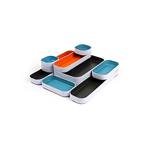 Three by Three Seattle 10 Piece Metal Organizer Tray Set for Storing Makeup, Stationery, Utensils, and More in Office Desk, Kitchen and Bathroom Drawers (1 Inch, Gray, Sky Blue, Orange) - color: Gray, Sky Blue, Orange, size: 10 Piece