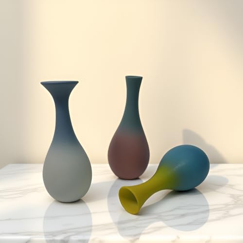 Handmade Ceramic Bud Vases Set of 3, Gradient Ombre Colors, Matte Frosted Finish, Teardrop Shape with Narrow Necks, Modern Minimalist Decor