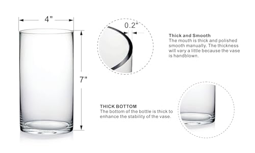4" Wide 7" High Large Hand Blown Sturdy Clear Cylinder Glass Vase, Centerpiece Flower Vase for Rose, Tulip, Boquets, Hurricane Candle Holder (1, 4"x7") - size: 4"x7"