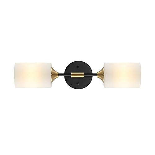 BYOLIIMA Industrial Mid Century Wall Sconce 2-Lights with White Cylinder Glass Shades Modern Bathroom Vanity Wall Lamp Matte Black and Gold Brushed Brass Finished Wall Light Fixture - color: Gold/Black-Cylinder Glass Shades