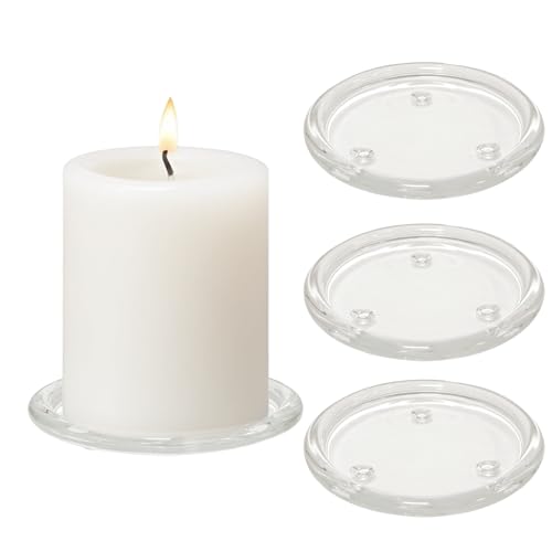 4PCS 4 Inch Clear Glass Candle Plates & Pillar Candle Holders - Small Round Candle Bases/Coasters for Dining & Wedding Table Centerpieces(Candle Not Included)