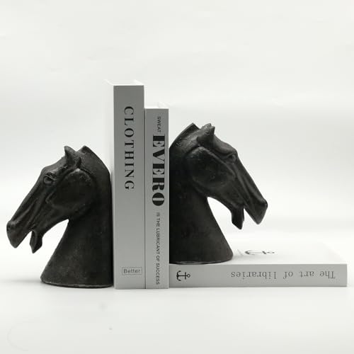 Lukitas Horse Head Decorative Bookends - Heavy Duty Non-Slip Book Holders, Modern Equestrian Ornaments for Office Home Bookshelf Decor, Black, Resin 7.5'' - color: Horse Head
