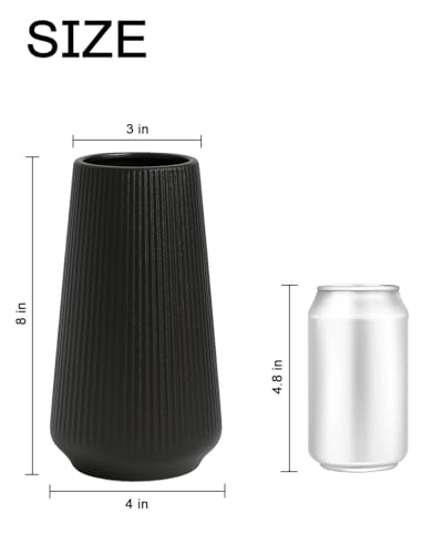 Black Ceramic Vase, 8 Inch Flower Vase for Pampas Grass, Modern Minimalist Ribbed Decorative Vase for Living Room Table, Shelf Decor - color: Matte Black01