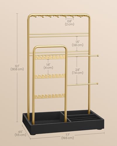 SONGMICS Jewelry Holder, Jewelry Organizer Display Stand with Metal Frame, Velvet Tray, Necklace Earring Bracelet Holder, for Studs, Rings, Gift Idea, Pale Gold and Ink Black UJJS021AB02 - color: Pale Gold + Ink Black