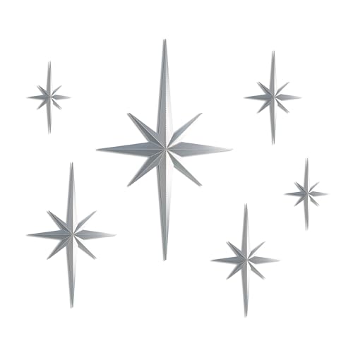 Stylor Mid Century Modern Decor, Mcm Retro 3D Star Art Wall Sculpture, Plastic Starburst Decor, Vintage Celestial Whimsigoth Home Decor Accent. (Set of 6, Silver) - color: Silver