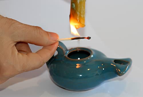 Herodian Blue Glazed Oil Lamp with Handle – Authentic Biblical Clay Candle Holder Replica from The Holy Land - Handmade Judaica & Christian Faith Gift with Certificate of Authenticity - color: Herodian - Biblical Blue Glazed