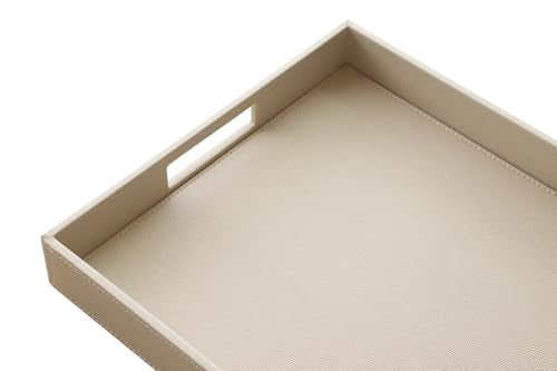 HofferRuffer Rectangle Serving Tray with Hole Handles for Coffee Table, Breakfast, Tea, Food, Butler - Countertop, Kitchen, Vanity Serve Tray, 16.2 x 12.2 x 2 inches, Faux Leather (Dark CreamWhite) - color: Dark Creamwhite, size: 16.2" x 12.2" x 2"
