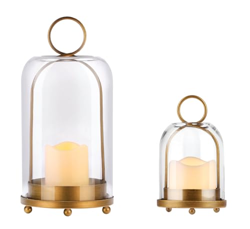 6" & 4" Wide Versatile Modern Metal Hurricane Lantern with Handmade Sturdy Glass Dome in Vintage Brass for Pillar Candle & Plants, Industrial, Farmhouse, Shabby Chic (Brass, 4"x7.5" &6.3"x11.2") - color: Brass, size: 4"x7.5" & 6.3"x11.2"