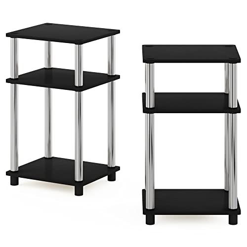 Furinno JUST Side Table Set of 2, 3-Tier Modern End Tables, Open Shelves Night Stand, Nightstand, Toolless Assembly, for Living Room, Bedroom, Americano/Stainless Steel - color: Americano/Chrome, size: 3-Tier, Round Pole, style: 2-Pack
