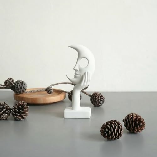 White Abstract Face Sculpture, Modern Art Decor, Hand on Chin Design, Tabletop Statue with Base - color: White, size: Small