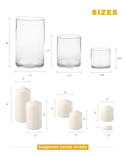 ARIAMOTION Glass Candle Holders Set, Hurricane Vase Centerpieces for Pillar Votive Flower,Clear Seeded Bubbles Cylinder Bulk, Mother's Day Birthday Gift,3 Sizes 8 Inch 5 Inch 3.5 Inch Height - color: Bubbles Clear