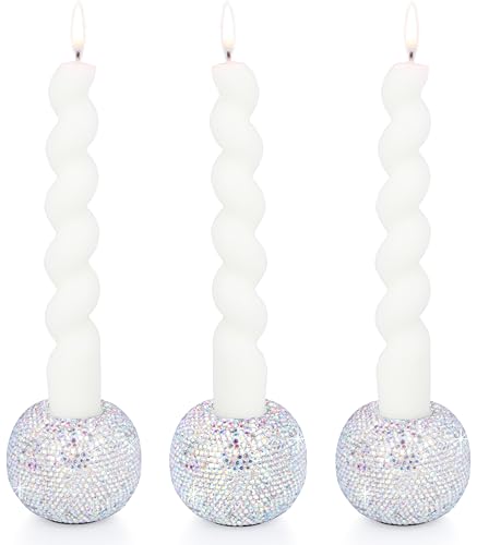 Vixdonos Round Resin Rhinestones Candlestick Holders Set of 3 Ceramic Candle Holder Bulk for Taper Candles,Silver - color: Rhinestones-silver