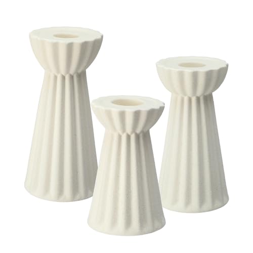 Honeydak Set of 3 Ceramic Taper Candle Holder Cream White Candlestick Holder Fluted Candle Stick Stand Boho Nordic Modern Decorative Table Centerpiece Wedding Home Dinner Party Housewarming Gift