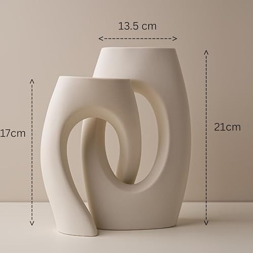 Modern Ceramic Vase Set of 2 – White Abstract Sculptural Vases for Home Décor, Table Centerpiece, Office & Living Room Decoration