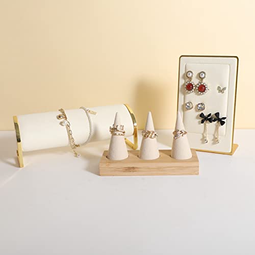GemeShou Beige wood ring storage organizer, Velvet Jewelry ring display holder, Cute ring display stand for selling, wedding ring holder at nightstand【Beige with three cone】 - size: Medium