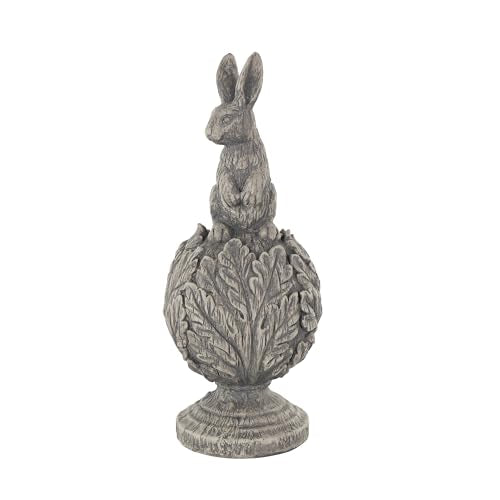 Deco 79 Polystone Rabbit Textured Sculpture with Leaf Covered Round Base, 8" x 8" x 20", Gray - size: 8" x 8" x 20"